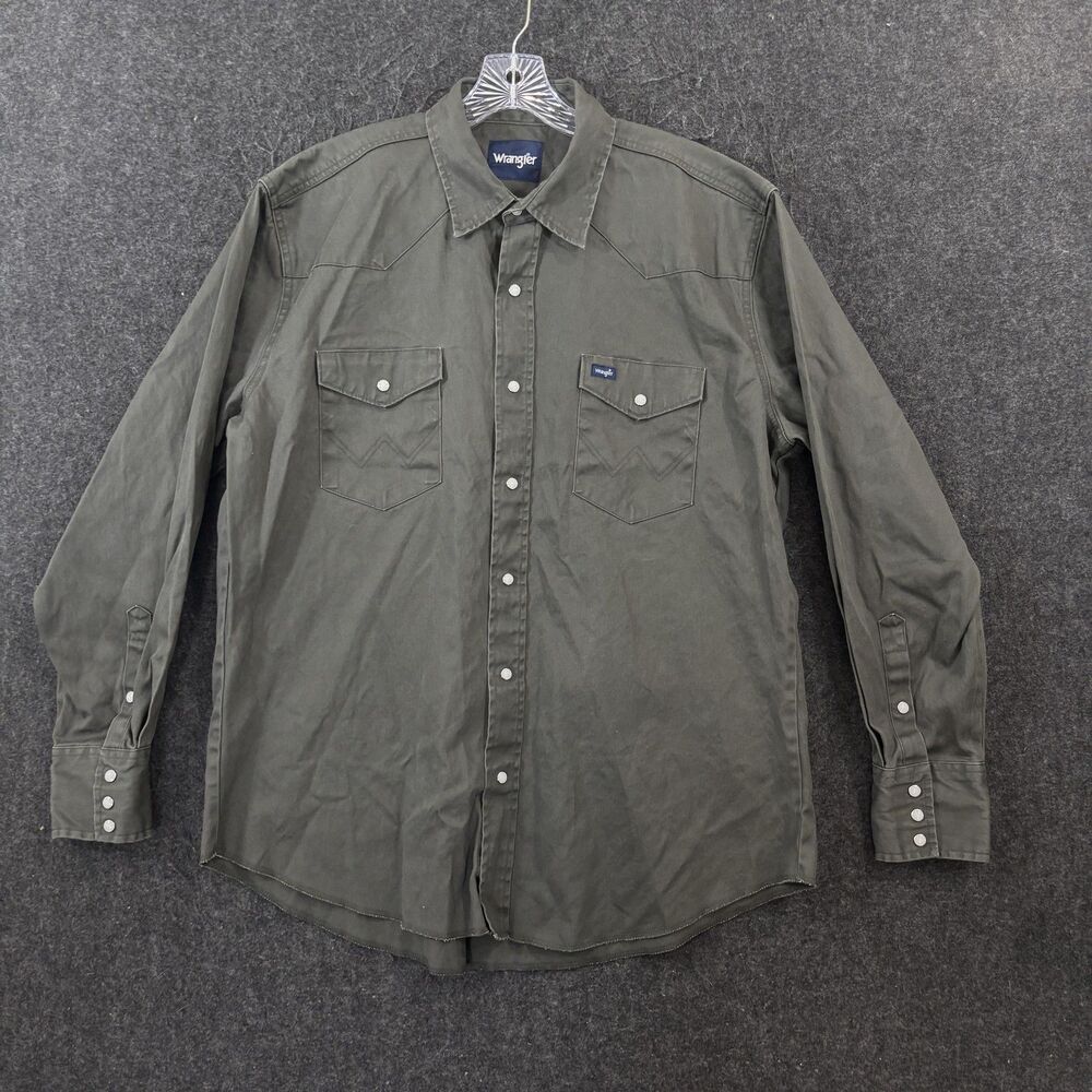 Wrangler Pearl Snap Shirt Men's XL Green Work Western Pockets Cowboy Heavyweight